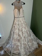 Sherri Hill SZ 10- 1338 Ivory Lace Pearl Neck Back Mesh Ballgown Wedding Dress