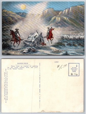 1940 L. H. ''Dude'' Larsen Range Feud Cowboy Sheep Camp Linen Postcard