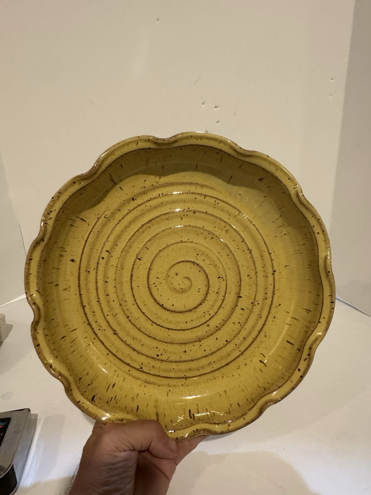 Pie Plate Speckled yellow Glazed Studio Pottery Baking Dish Signed Stoneware 10"