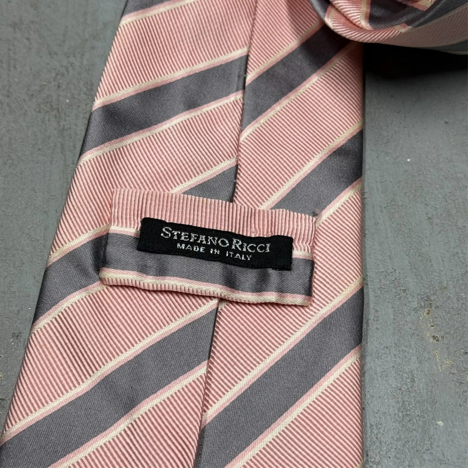 Corbata Stefano Ricci Hecha en Italia Rosa/Gris Rayas 100% Seda Tejida 4.5" Foto 4 de 4