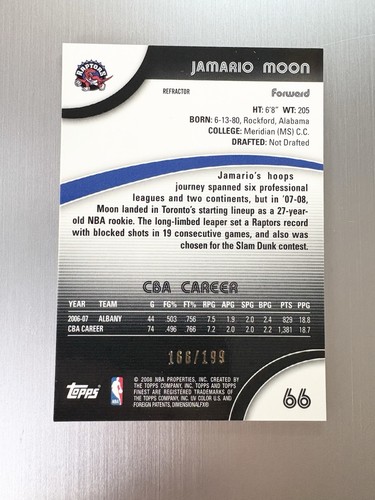 Jamario Moon 2007-08 Topps Finest #66 refractor azul #’d/199 Toronto Raptors radiocontrol - Imagen 2 de 2