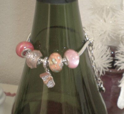 NEW 7-inch Acrylic Beaded Silvertone Snake Chain Bracelet with Coffee Charm