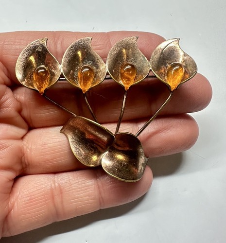 Clips à Cheveux Vintage Baronese - Fleurs Orangées En Lucite, Monture Laiton 40mm, XXL, Occasion