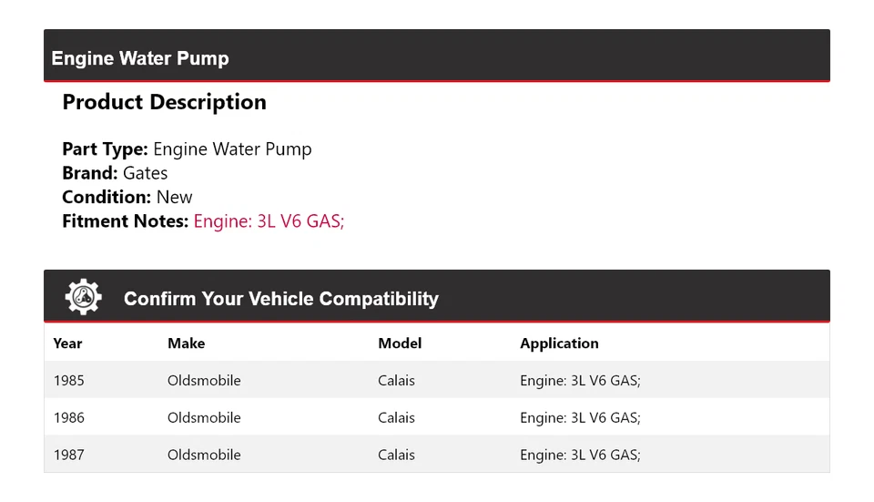 适用于 1985 - 1987 年 奥兹莫比尔加来 3L V6 气体发动机水泵门 1986 — 第 2/4 张图片