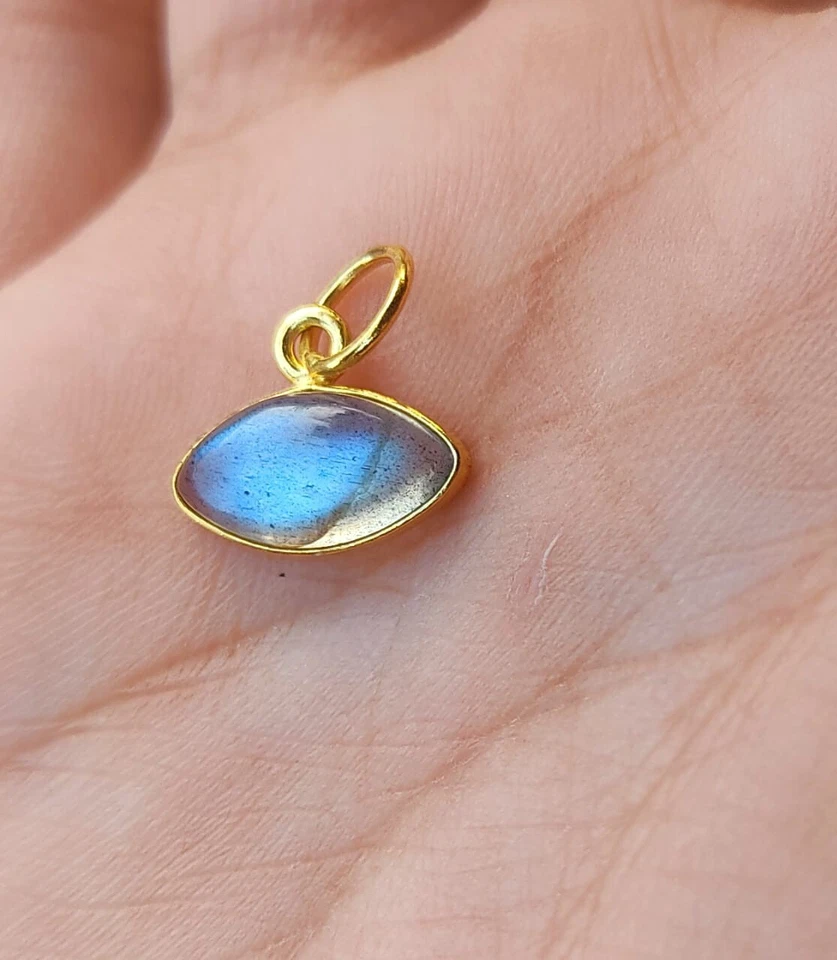 Natural Labradorite Charm Necklace, 18k Yellow Gold Pendant , Handmade Jewelry - Image 3 of 4