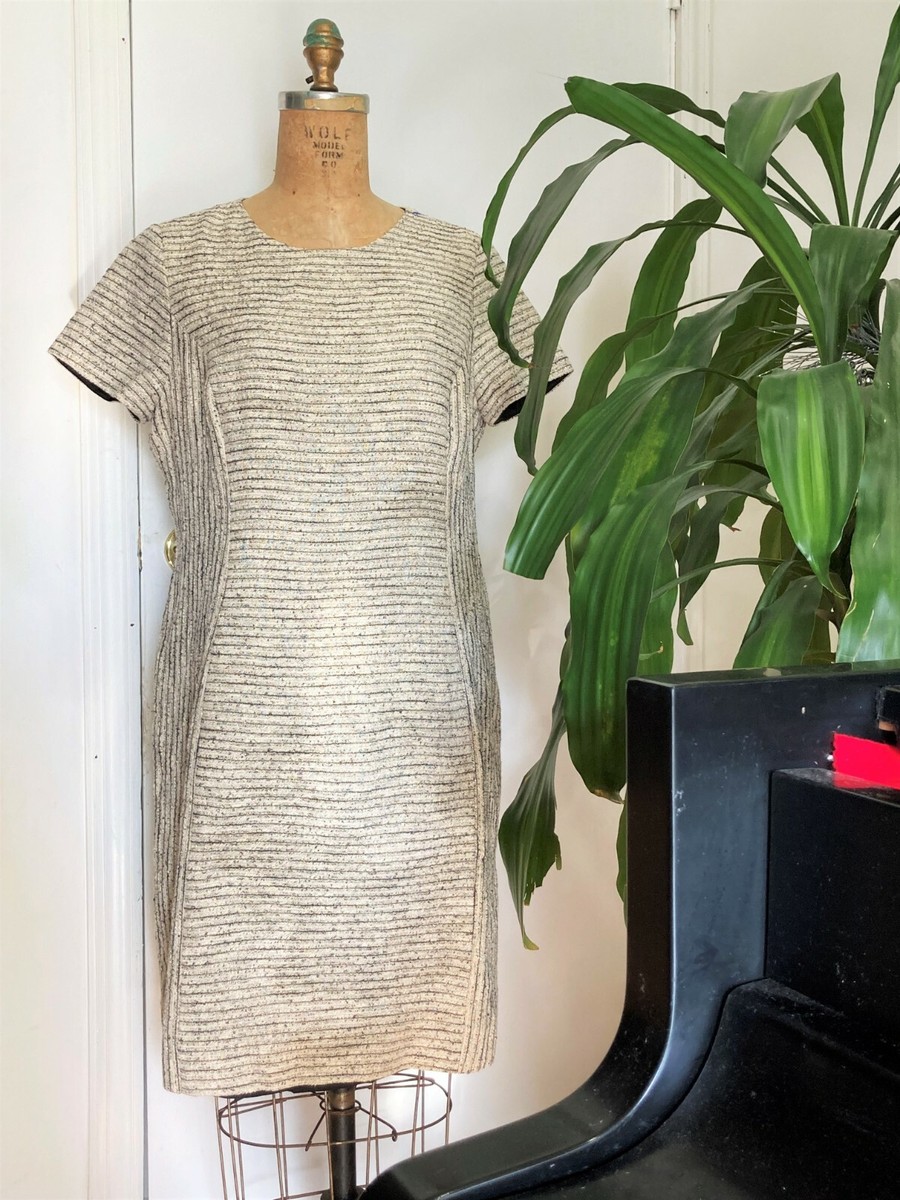 SHOSHANNA GOLD CREAM BLACK GORGEOUS METALLIC TWEED STRIPE COTTON LINEN DRESS