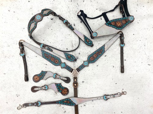 Leder Western Kopfstück Set für Pferd verziert mit holografischem Snack Print - Bild 60 von 79