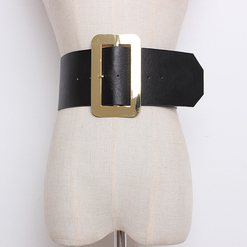 Women PU Leather Belt Rectangular Gold Pin Buckle Waistband  display picture 1