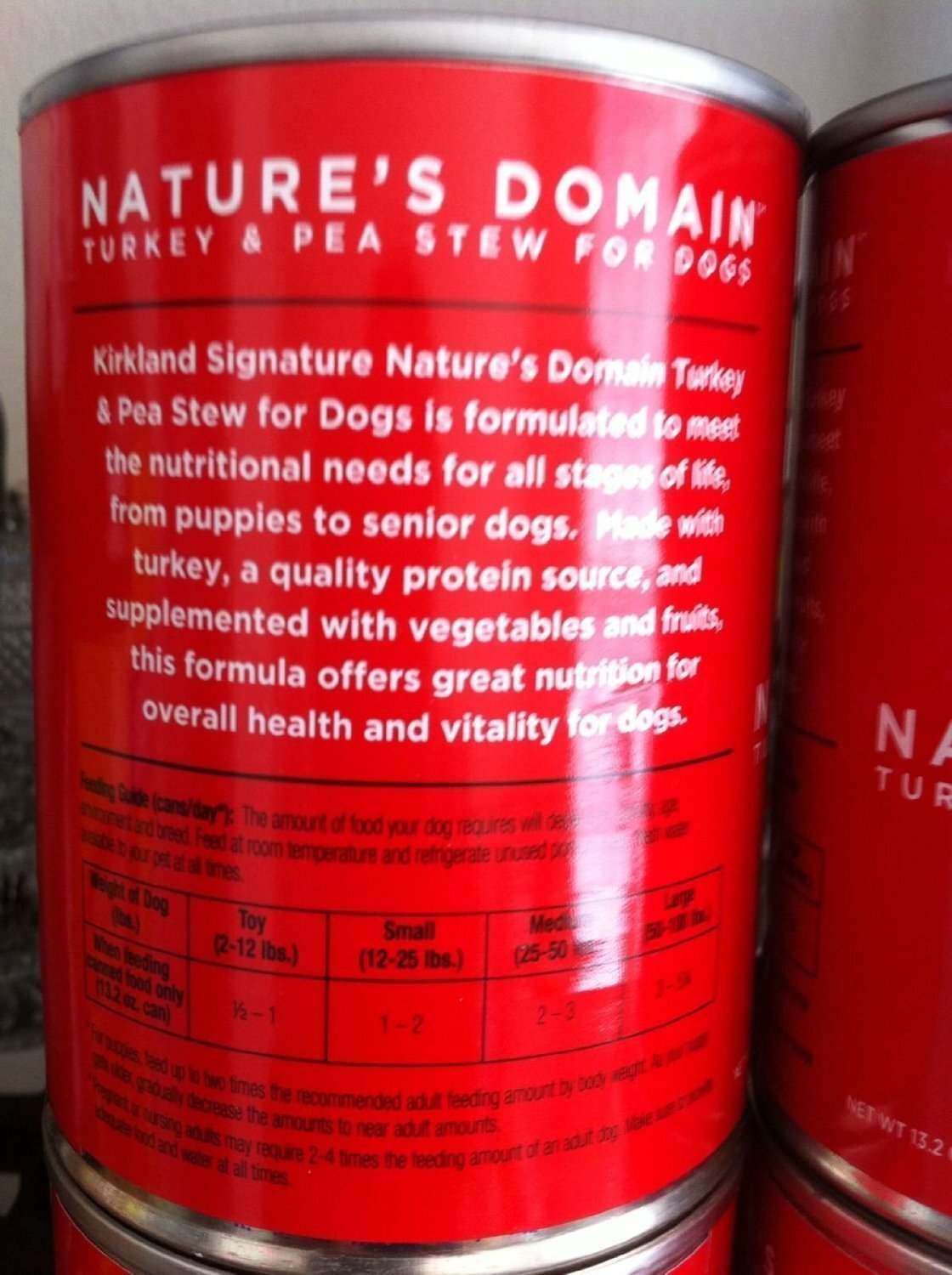 24 (13.2 Oz Each) Cans Nature's Domain Kirkland Turkey and Pea Stew Dog Food