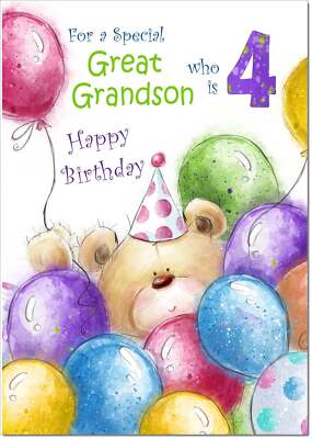 Doodlecards Great Grandson 4th Birthday Card Age 4 Cute Teddy Bear in ...