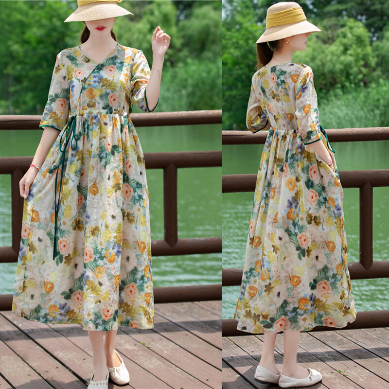 Women Linen Dress Ethnic Floral V Neck Loose Chinese