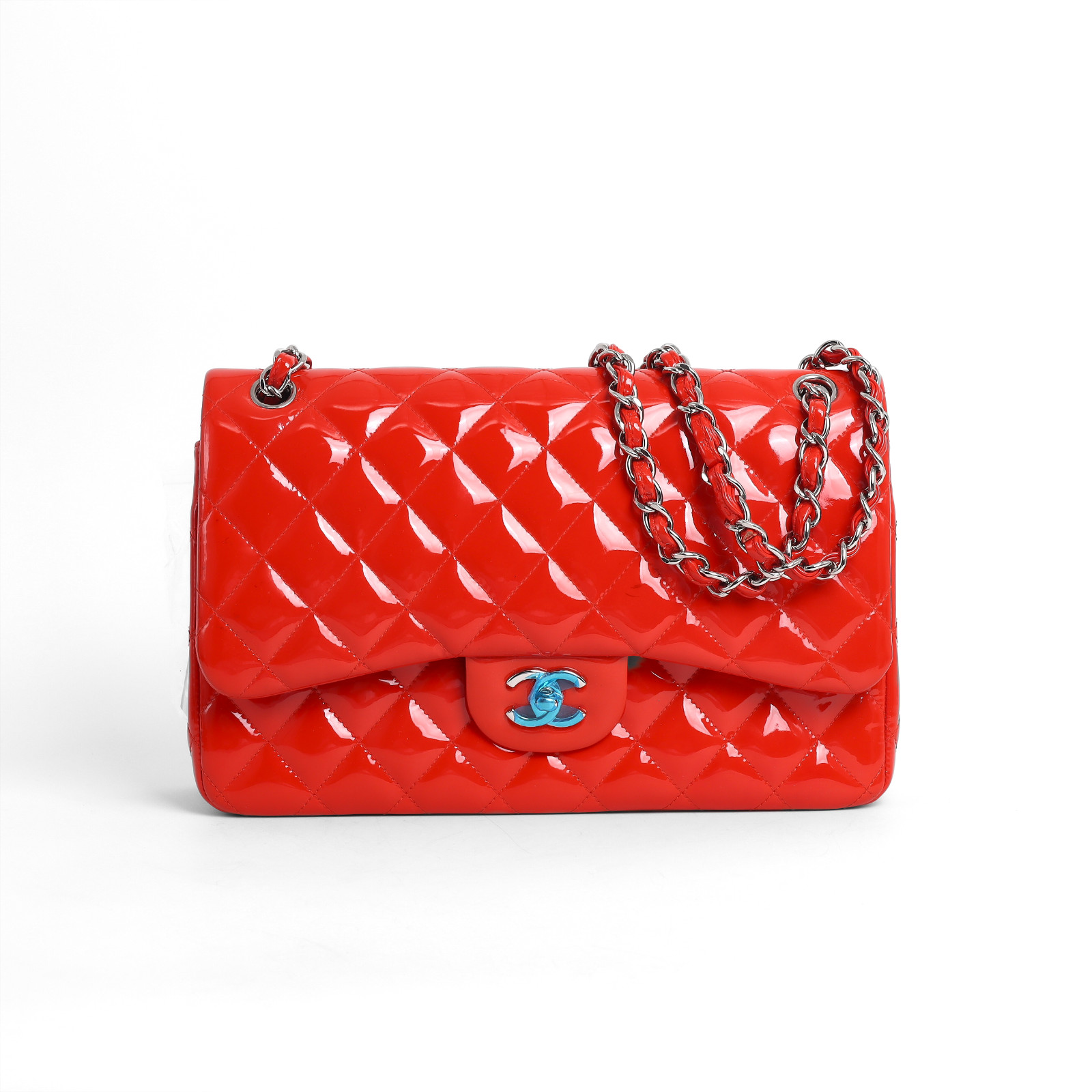Chanel Classic Double Flap Bag in Red Patent Leather with Silver Hardware