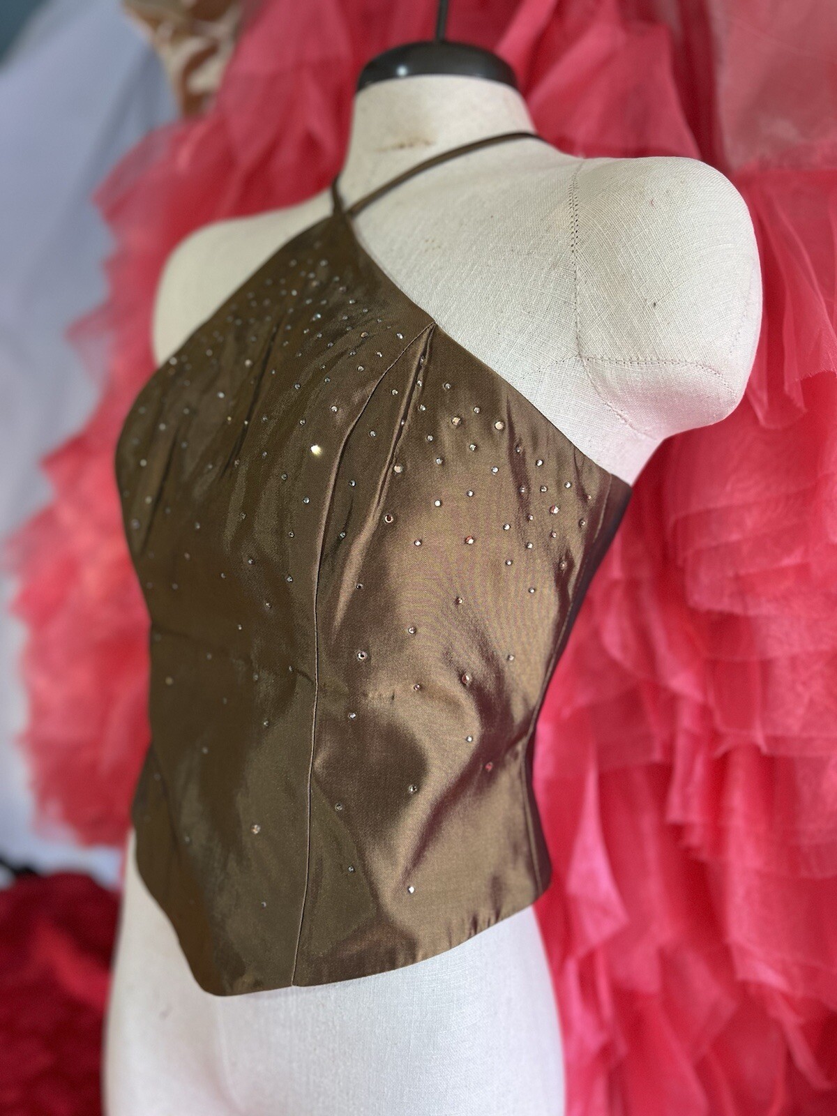 Y2K Vintage Brown Rhinestone Cache Women Halter Corset Top Size S