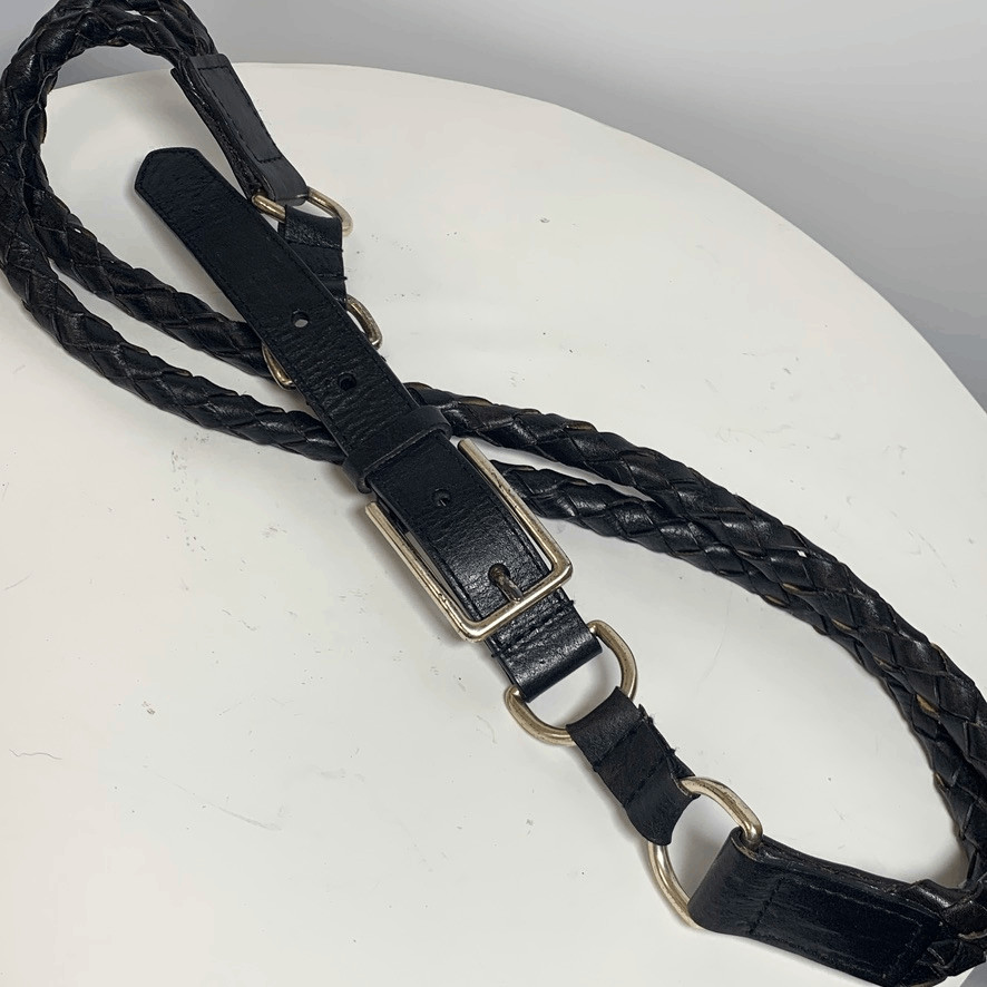 Womens Braided Belt Buckle Closure Classic Black Vinyl Gem