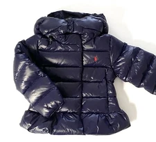 NWT, Girls Ralph Lauren Navy Peplum Hooded Down Jacket, Size 6. Eu 116