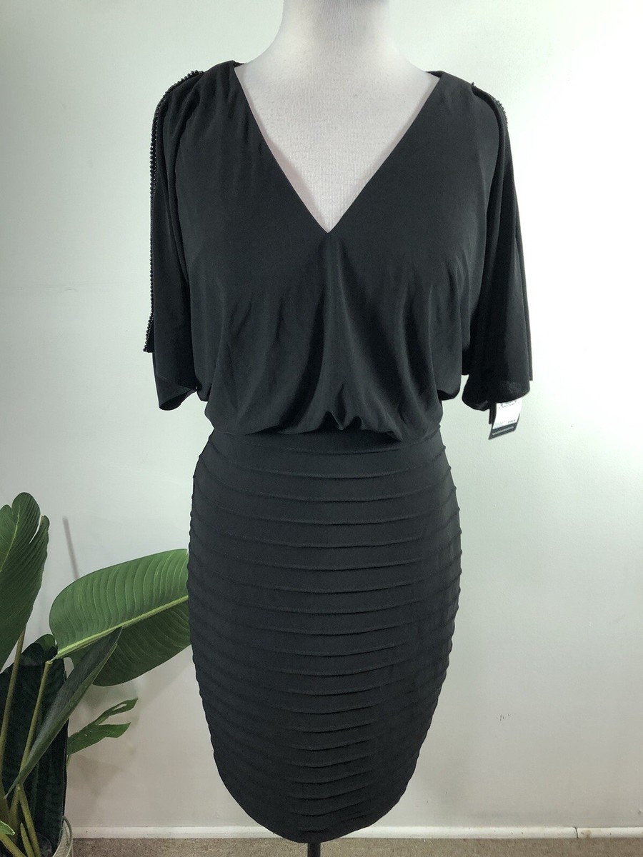 Adrianna Papell Black Dress Sz 6 Beaded Trim Pin tucked Dress