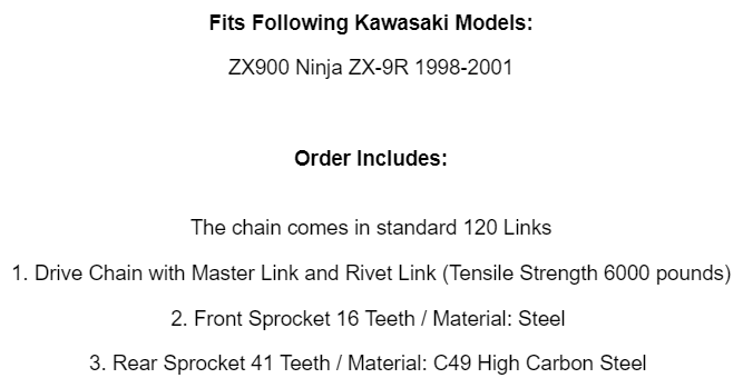Drive Chain & Sprockets Kit Fits KAWASAKI ZX900 Ninja ZX9R 1998