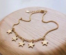 Women / Girl 925 Sterling Silver Dangle Gold Star Chain Anklet Bracelet 8-9.8"