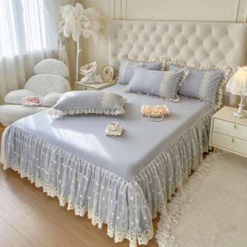 4 Pieces Bedding Set Luxury Lace Embroidered Duvet Cover Bed Skirt 2 Pillowcases - Picture 7 of 26