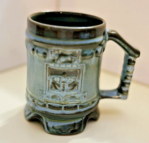 Vintage Frankoma Pottery Mug Prairie Green Glaze Military Folk Polk Historical