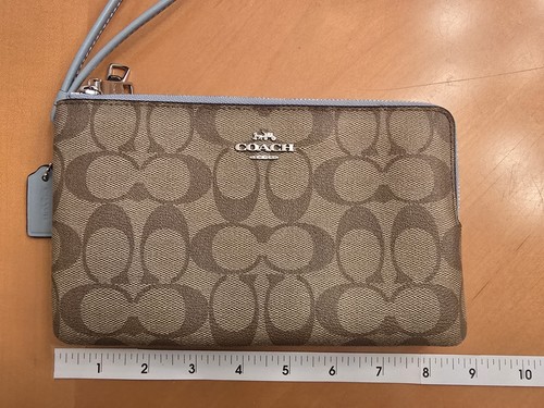 COACH F16109 Double Zip Wallet Wristlet Signature Khaki with Light Blue Trim - Picture 4 of 14