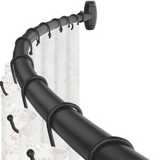 48-64 Matte Black Curved Shower Curtain Rod, Adjustable, Bowed, Drill, Round
