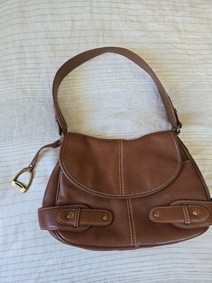 Chaps Medium Brown Leather Shoulder Bag with Brass Hardware