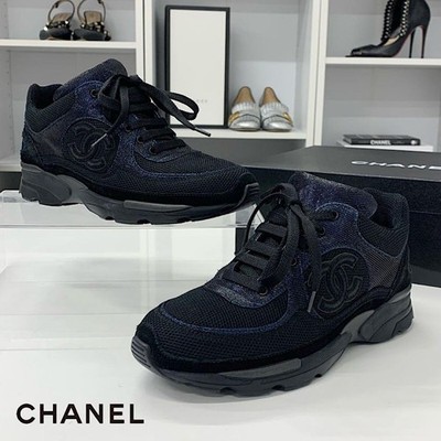 Chanel Sneakers Shoes Black X Blue With Coco Mark Size 35 US About5 For Women