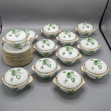 Herend Hungary Chinese Bouquet Green Bouillon Cream Soup & Saucers 740 Set of 12