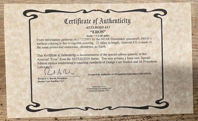 Certificate Of Authenticity For Jet Propulsion Laboratory asteroid model - EROS