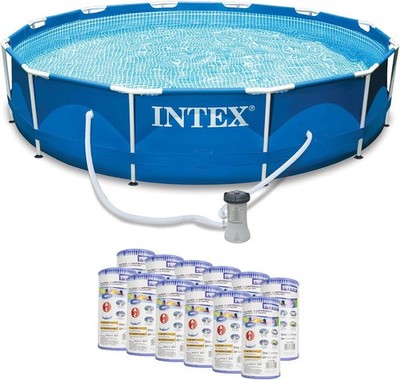 Above Ground Pool, 12ft x 30in Metal Frame Round w/ 12 Replacement Cartridges