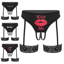 Alluring Print Open Crotch Thong for Women Lace Thigh Bands Low Rise Panties