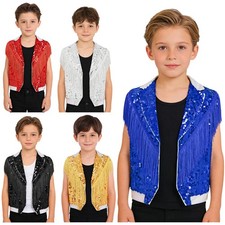 Kid Boys Shiny Sequin Tassel Vest Open Front Fringe Cowboy Jacket Jazz Dance Top