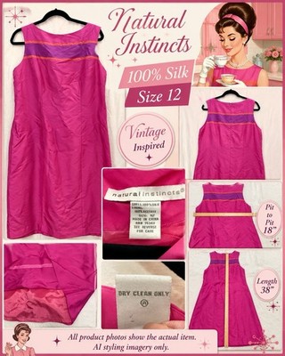 Natural Instincts 100% Silk Pink Shift Dress 12 Mod 60s Hostess Style Colorblock
