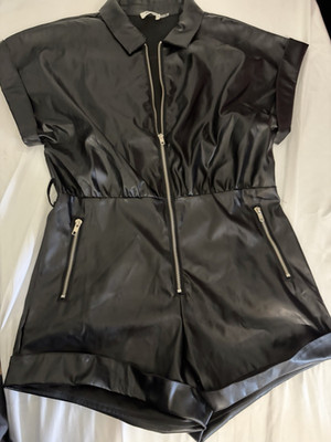 Day + Moon Black Faux Leather Zip Front Collared Short Sleeve Romper L