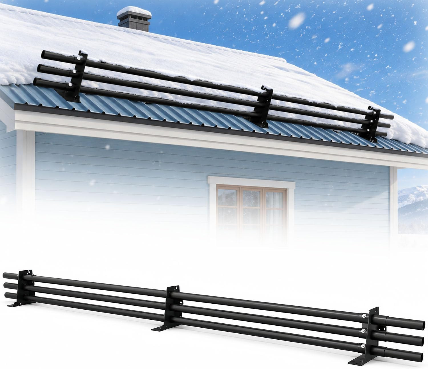 Extended 7.5Ft Snow Guard Railing for Metal & Wood Roofs, Black