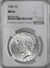 1924-P  $1 PEACE SILVER DOLLAR  "PHILADELPHIA MINT"  NGC MS61 #8678135-033