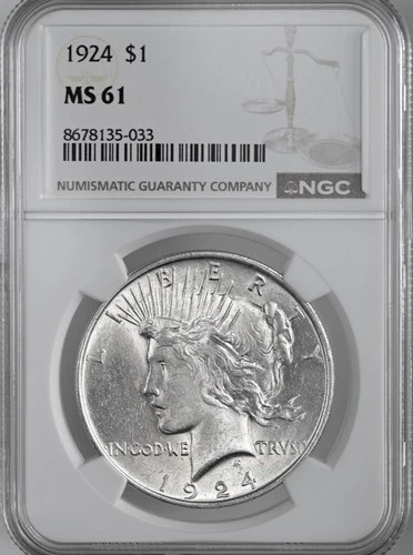 1924-P  $1 PEACE SILVER DOLLAR  "PHILADELPHIA MINT"  NGC MS61 #8678135-033