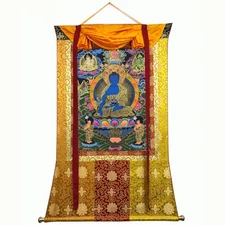 Medicine Buddha Thangka, Healing Buddha, Silk Brocade Mounted