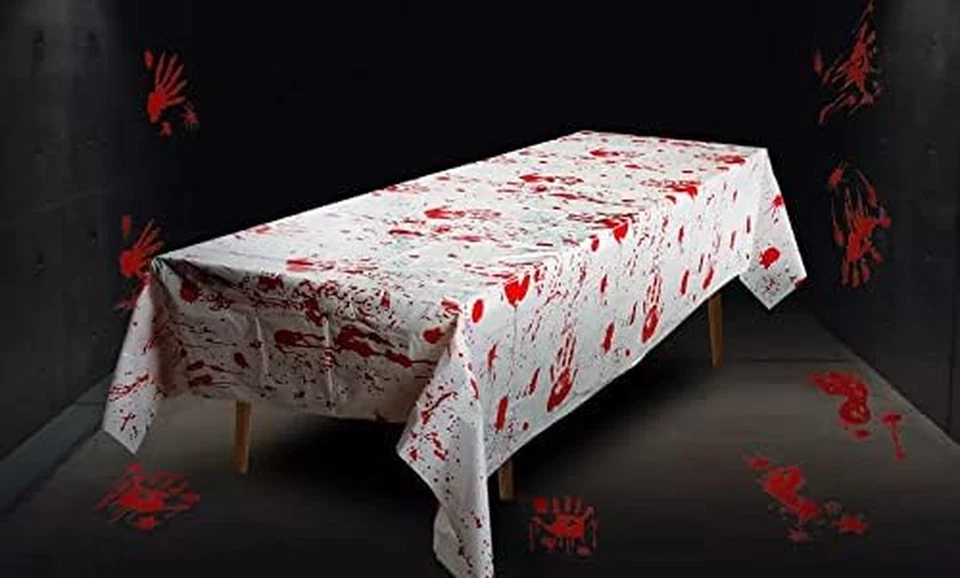 Mantel rectangular Grabo Bloody Zombie, 108 X54 pulgadas, polietileno, blanco, salón Foto 2 de 4