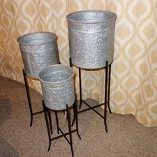 NEW Transpac Set of 3 Corrugated Silver Galvanized Metal Planters Black Stands