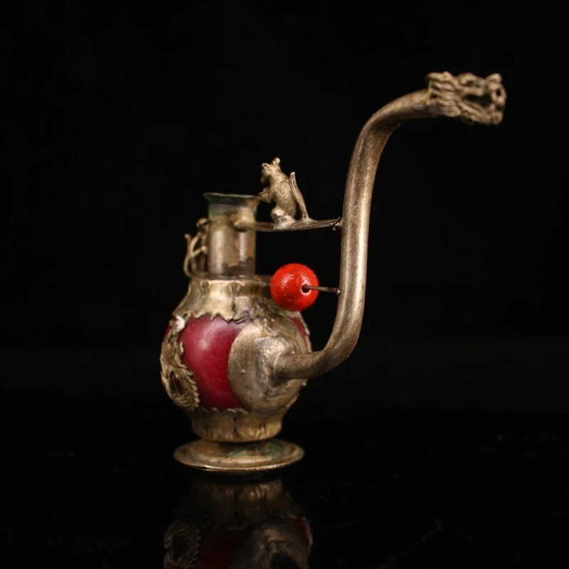 Старый китайский тибет серебряная инкрустация красный нефрит ручной работы трубка курительные инструменты 6802 - Изображение 3 из 4