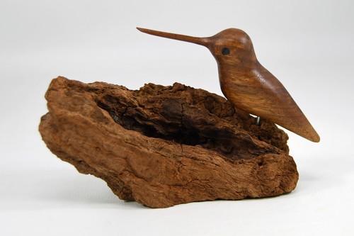 Hand Carved Wood Hummingbird Bird Figure Sculpture on Driftwood Base Vintage
