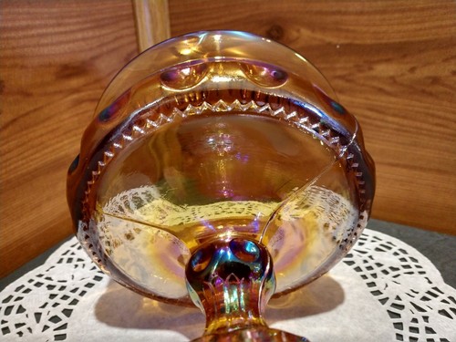 INDIANA GLASS KING'S CROWN THUMB PRINT PEDESTAL STYLE CARNIVAL GLASS CANDY DISH - Picture 9 of 12