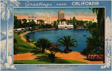 Greetings from California West Lake Park Boat House & Lagoon Linen Postcard
