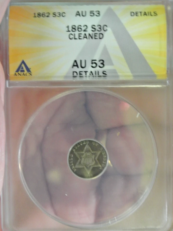 1860 THREE CENT SILVER ~ NICE 3c. AU ABOUT UNCIRCULATED ANACS AU 53 ! - Image 4 of 4