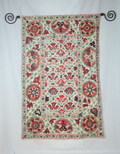 3.25 x 4.83Ft Vintage Silk Hand Embroidery Bed Cover, Uzbek Suzani Wall Hanging-