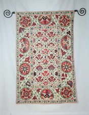 3.25 x 4.83Ft Vintage Silk Hand Embroidery Bed Cover, Uzbek Suzani Wall Hanging