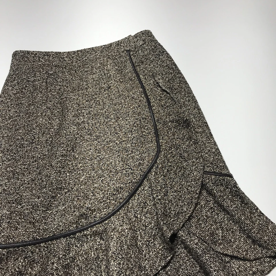 Falda Elie Tahari Mujer Talla 4 Marrón 80% Lana Virgen Trompeta con Borde de Cuero Sintético Foto 4 de 4