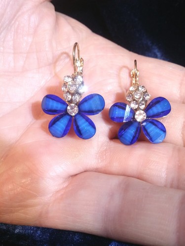 Orecchini Donna Oro Giallo Gioielli SWAROVSKI ORIGINALI Ragazza Fiore Blu Regalo - Foto 5 di 8